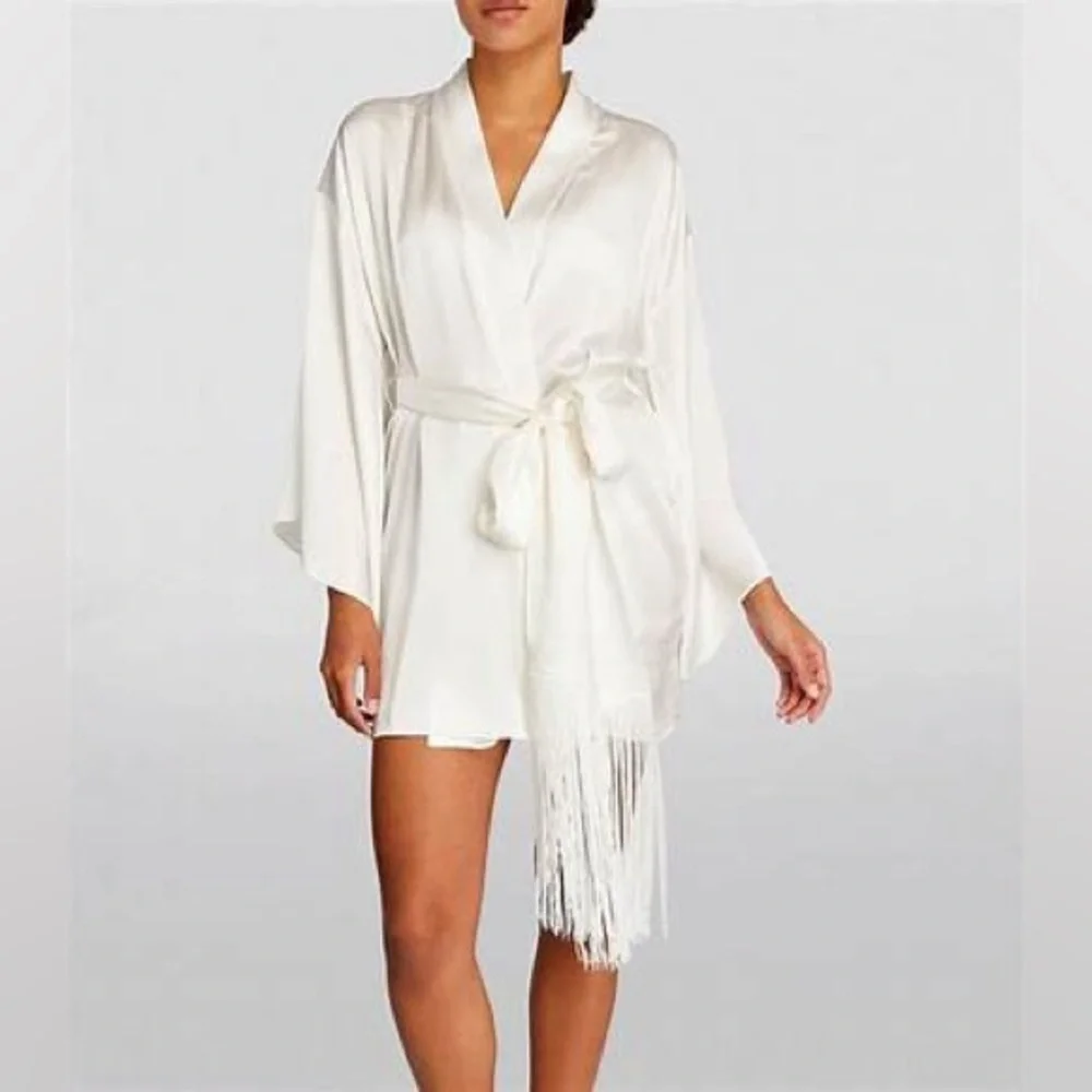 NWT! KIKI DE MONTPARNASSE Fringe Kimono Robe -Trim Silk Mini Kimono White Size M